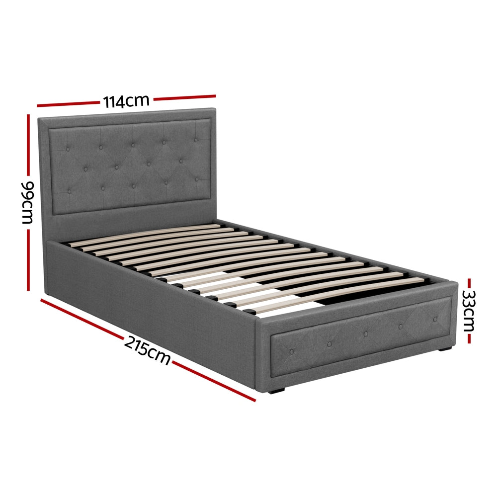 King Single Bed Frame Gas Lift Storage Grey Mattress Base