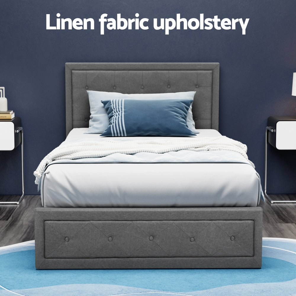 King Single Bed Frame Gas Lift Storage Grey Mattress Base