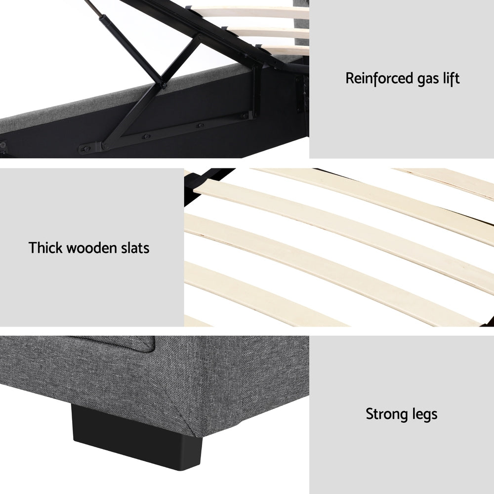 King Single Bed Frame Gas Lift Storage Grey Mattress Base