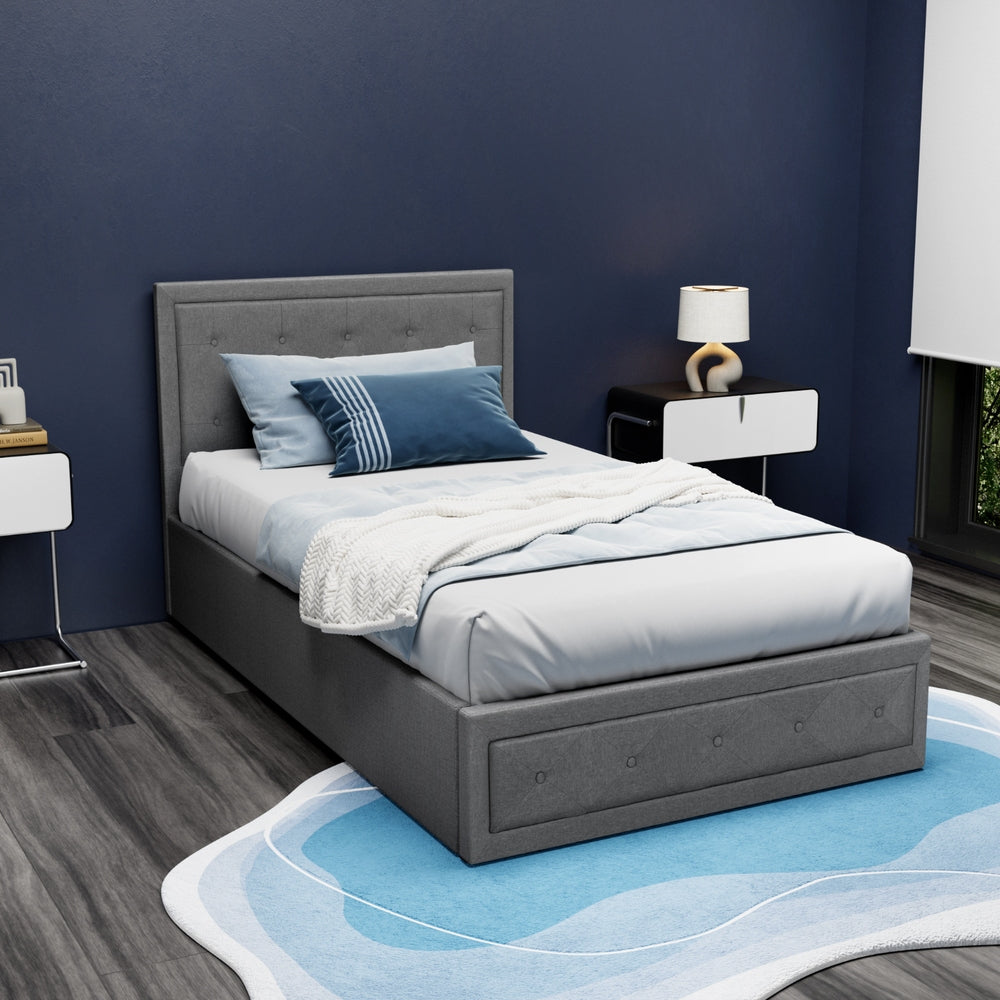 King Single Bed Frame Gas Lift Storage Grey Mattress Base