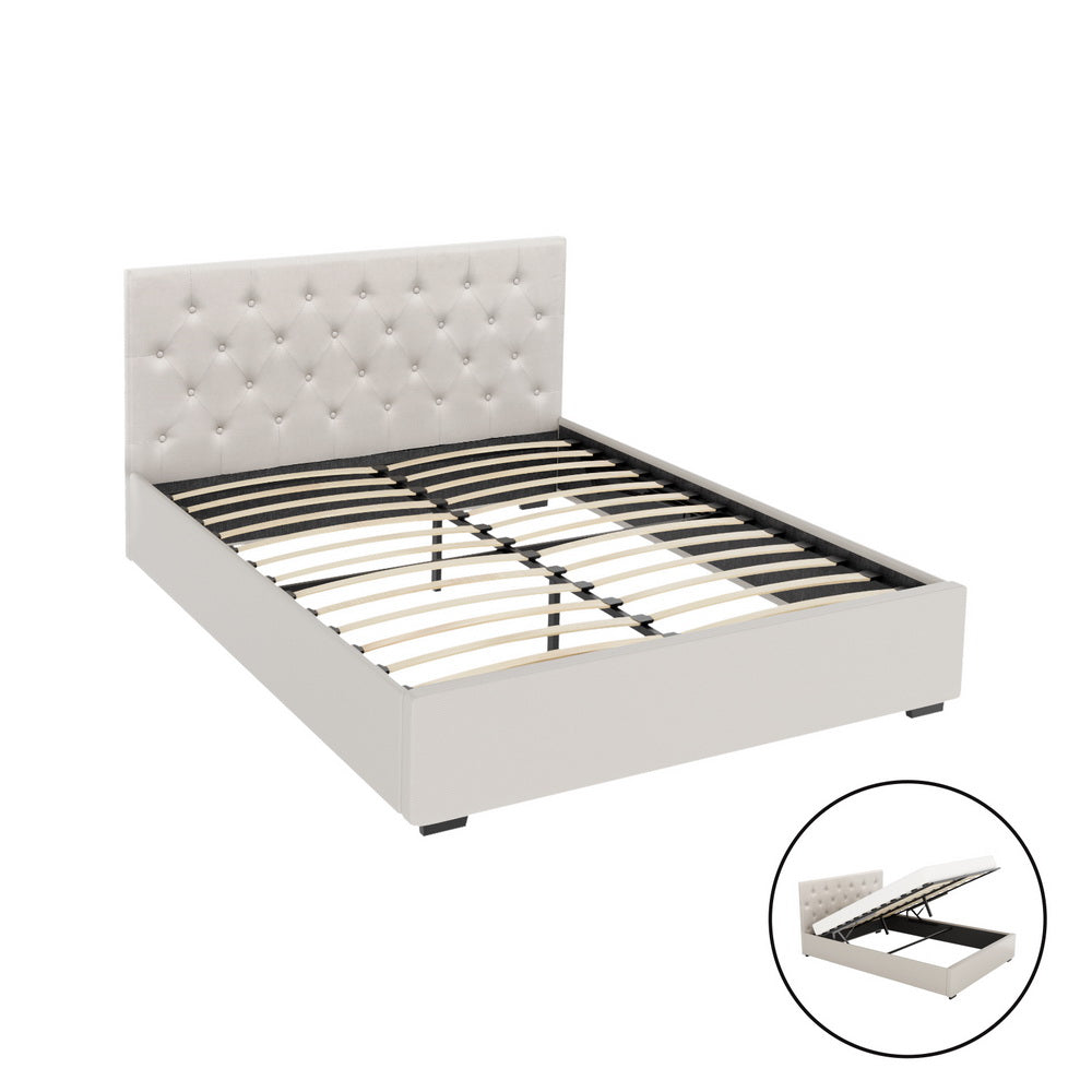 Gas Lift Bed Frame Storage Platform Double/Queen/King Size - Beige