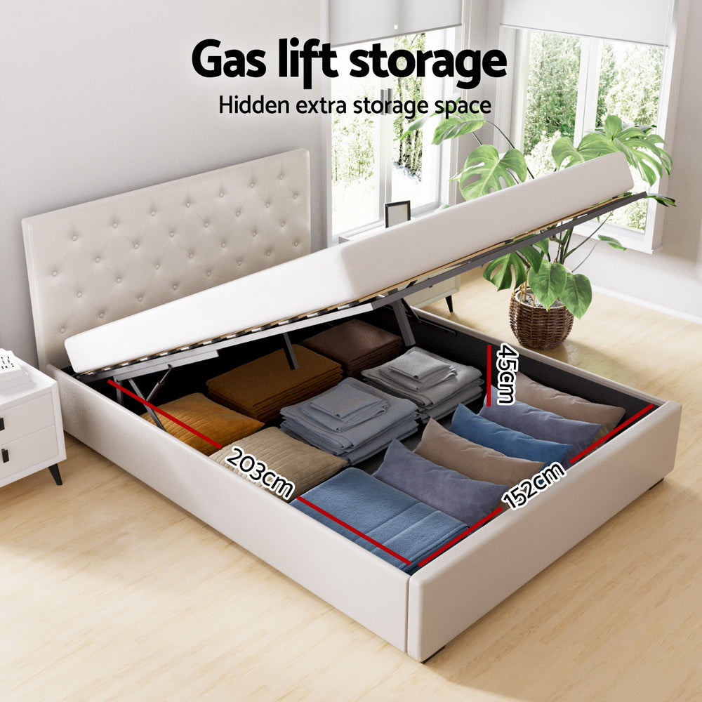 Gas Lift Bed Frame Storage Platform Double/Queen/King Size - Beige