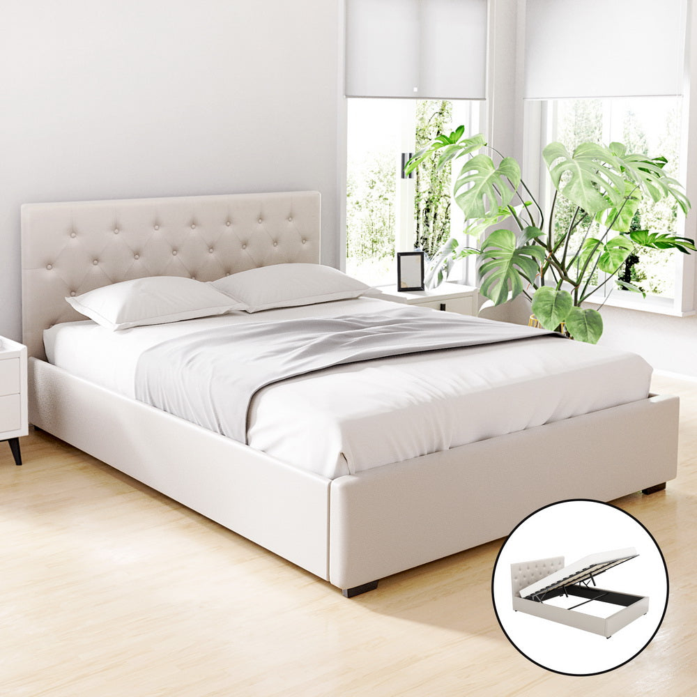 Gas Lift Bed Frame Storage Platform Double/Queen/King Size - Beige