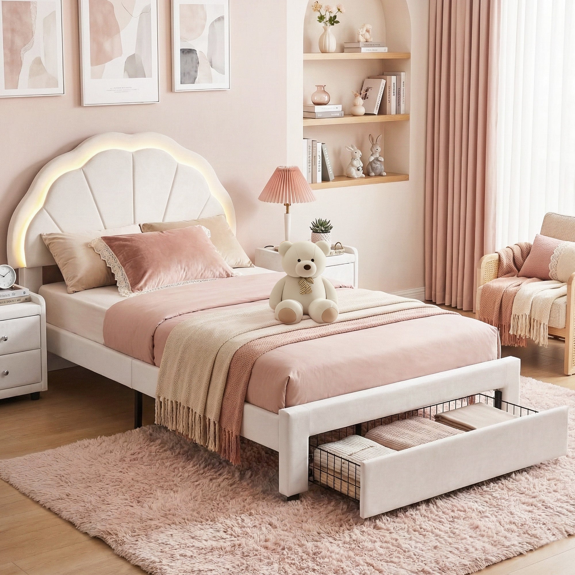 King Single Velvet Bed Frame with LED Headboard and Storage Drawer