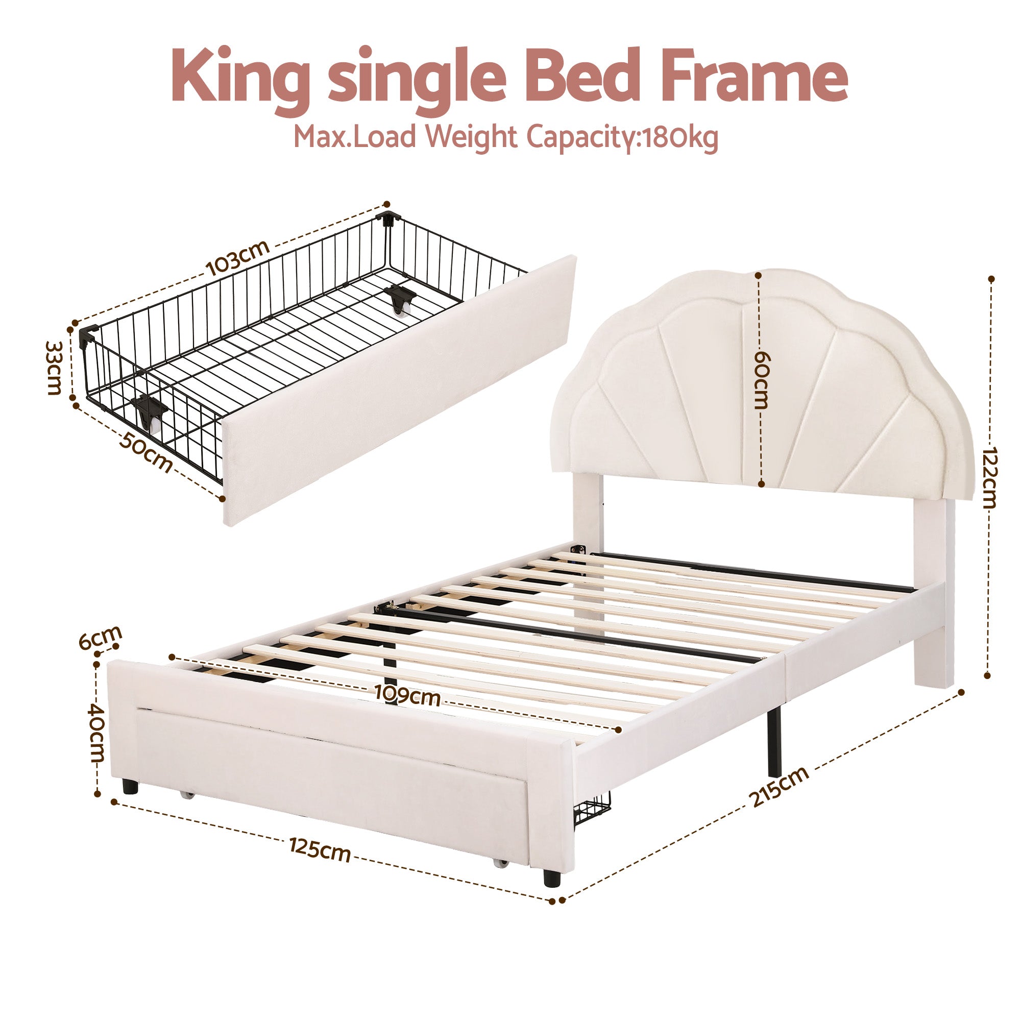 King Single Velvet Bed Frame with LED Headboard and Storage Drawer