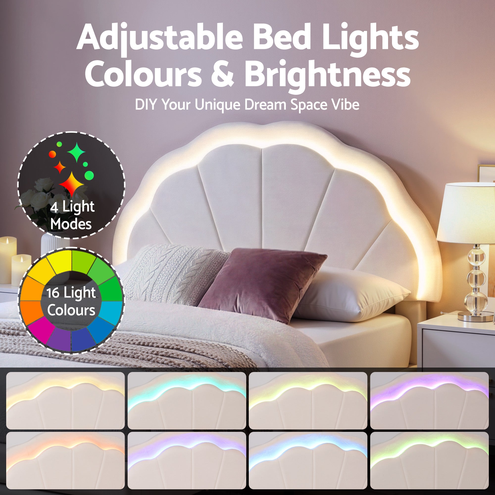 King Single Velvet Bed Frame with LED Headboard and Storage Drawer