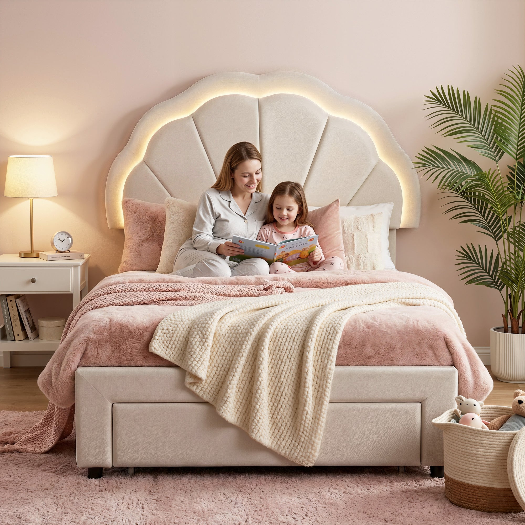 King Single Velvet Bed Frame with LED Headboard and Storage Drawer