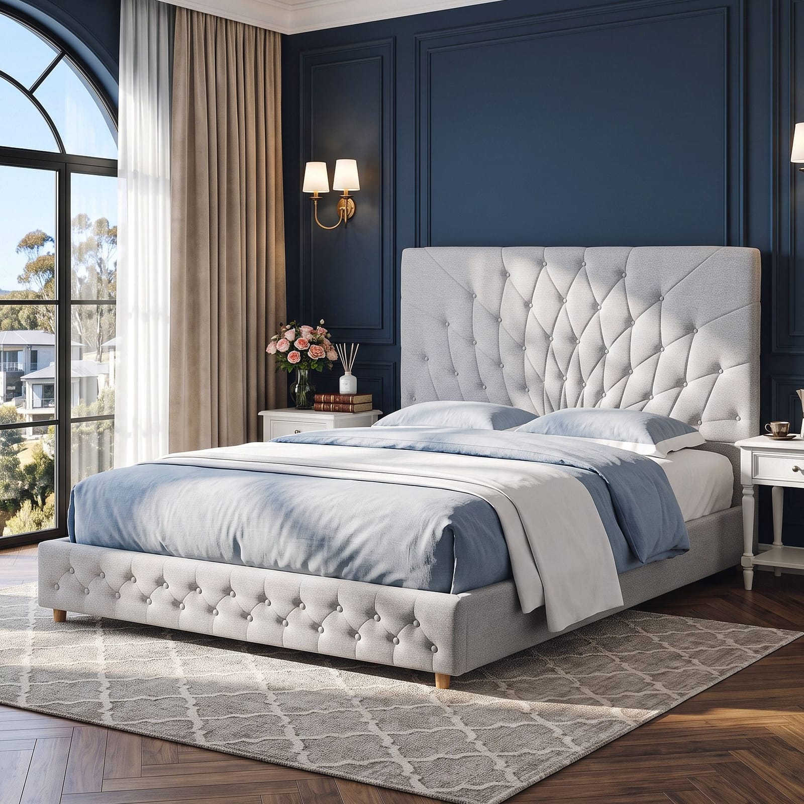 Queen Bed Frame Grey Tufted
