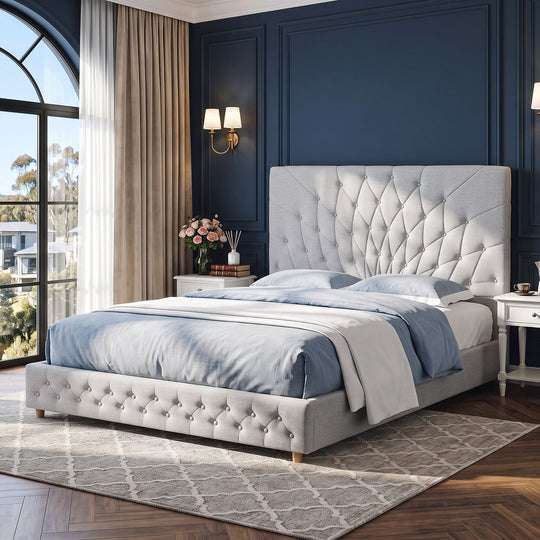 Queen Bed Frame Grey Tufted