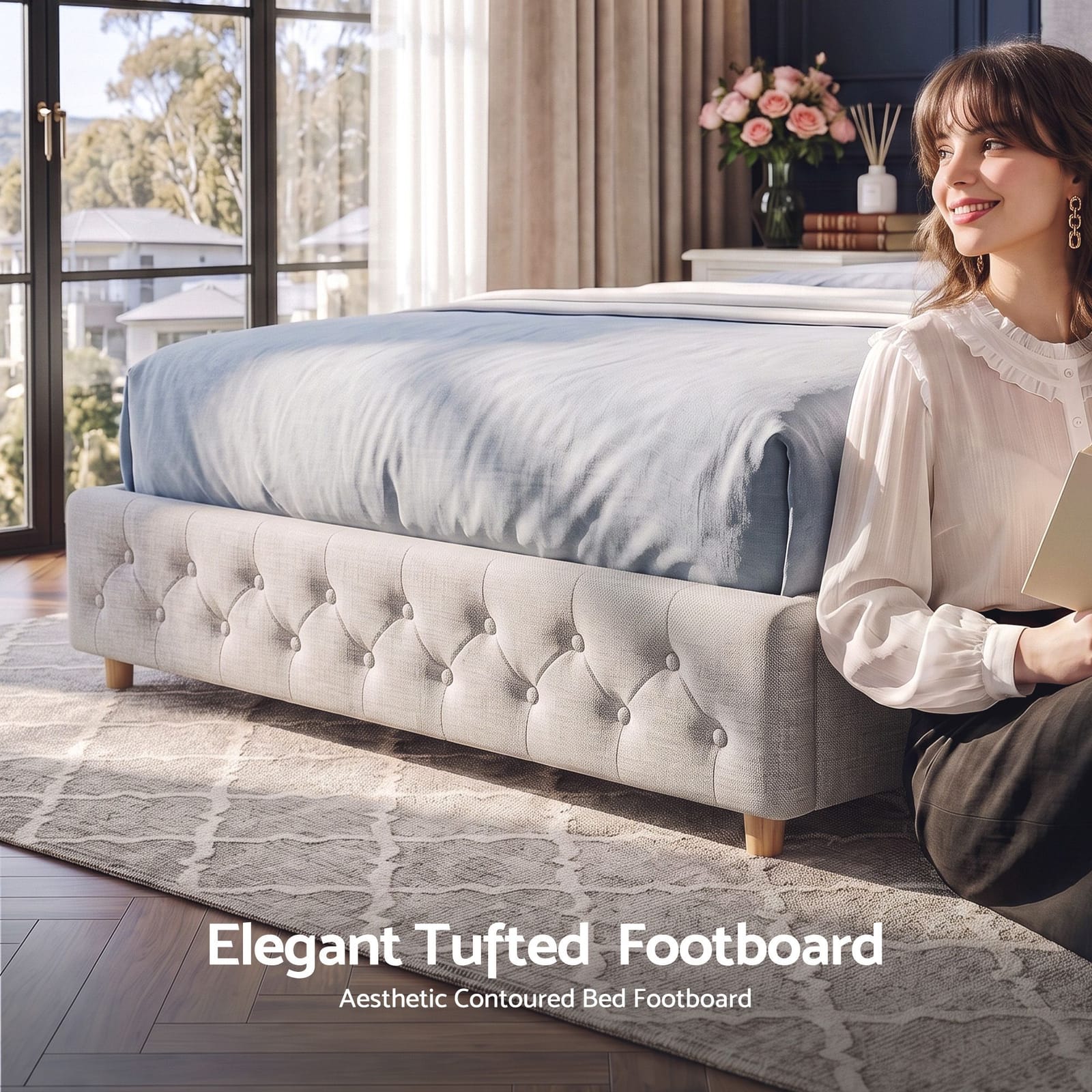 Queen Bed Frame Grey Tufted