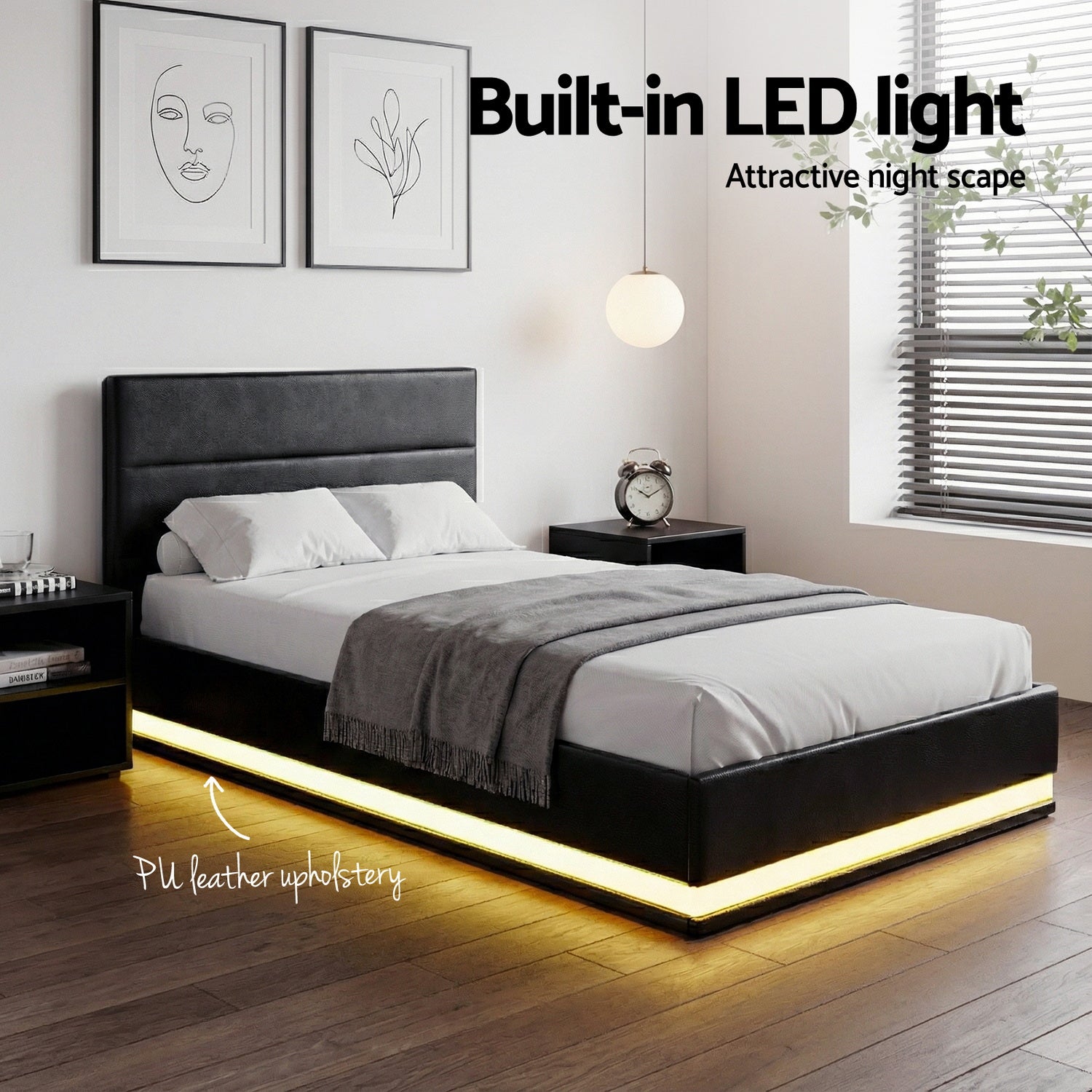 Bed Frame King Single Size Led Gas Lift Black Lumi Gas Lift