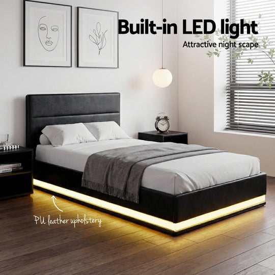 Bed Frame King Single Size Led Gas Lift Black Lumi Gas Lift