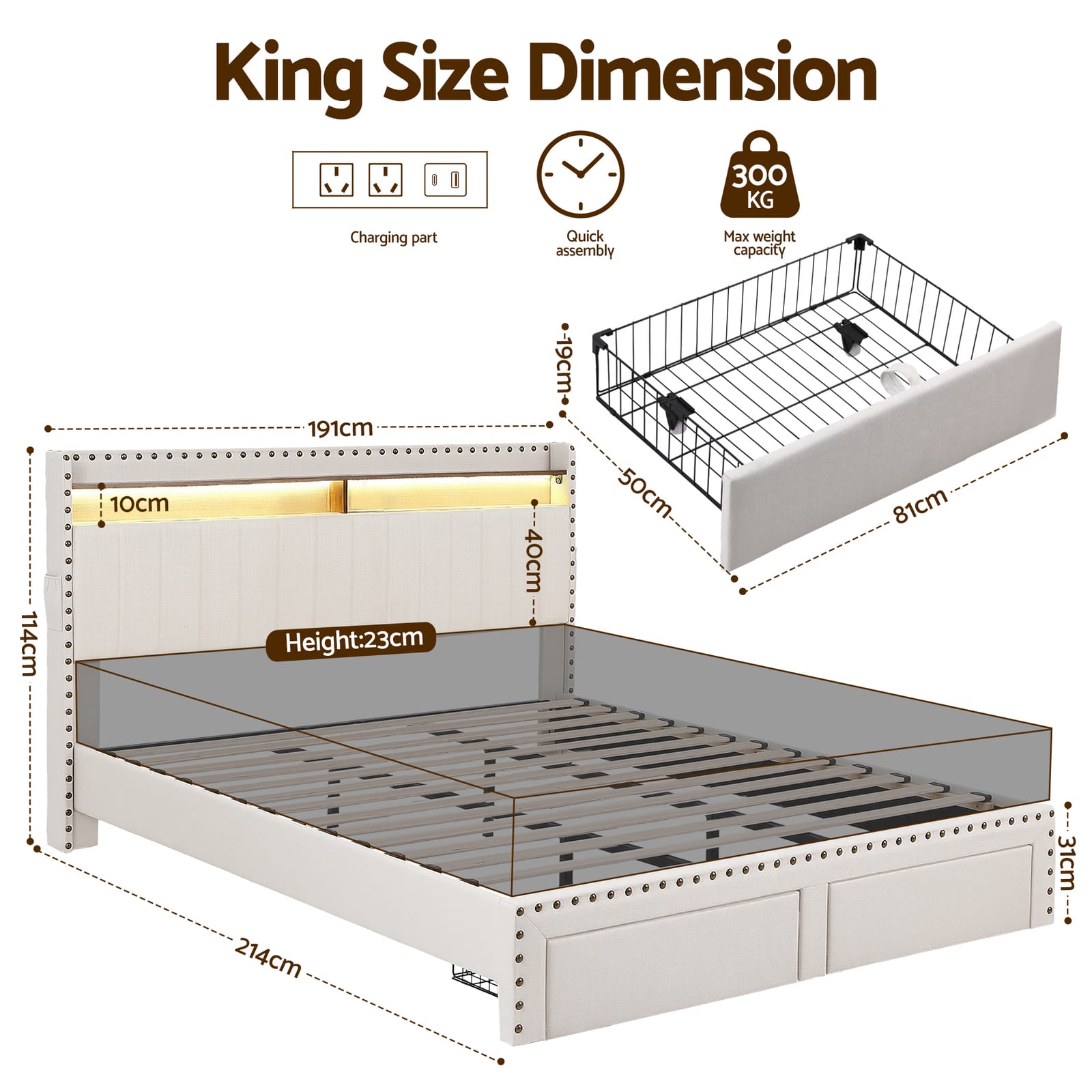 King Bed Frame With Storage 2x3cm