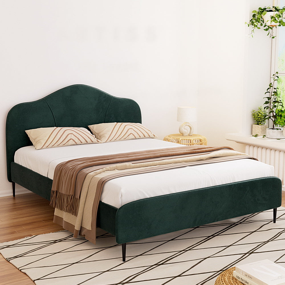 Bed Frame Queen Size Velvet Dark Green Olan, Green colour