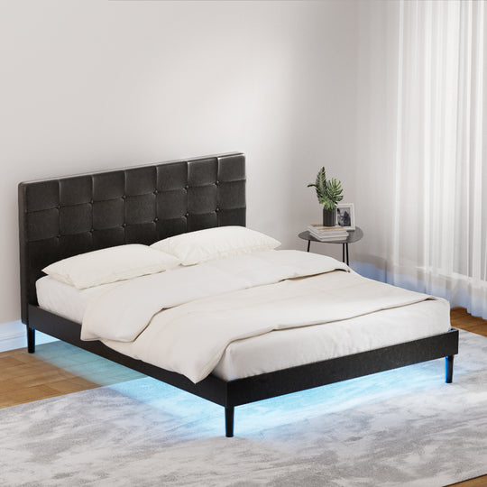 Double Tech - Black Leather Bed Frame with LED Lights and Charge Ports by RAVI
