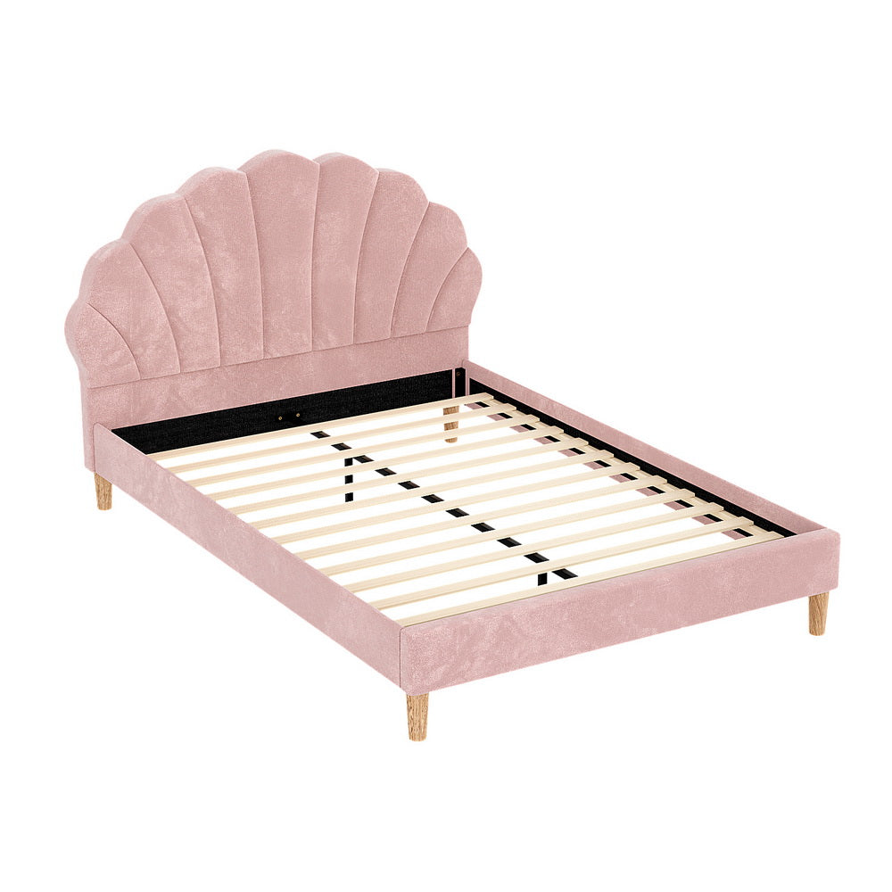 Bed Frame With Scallop-Shape Headboard Pink Velvet Fabric-Double Size