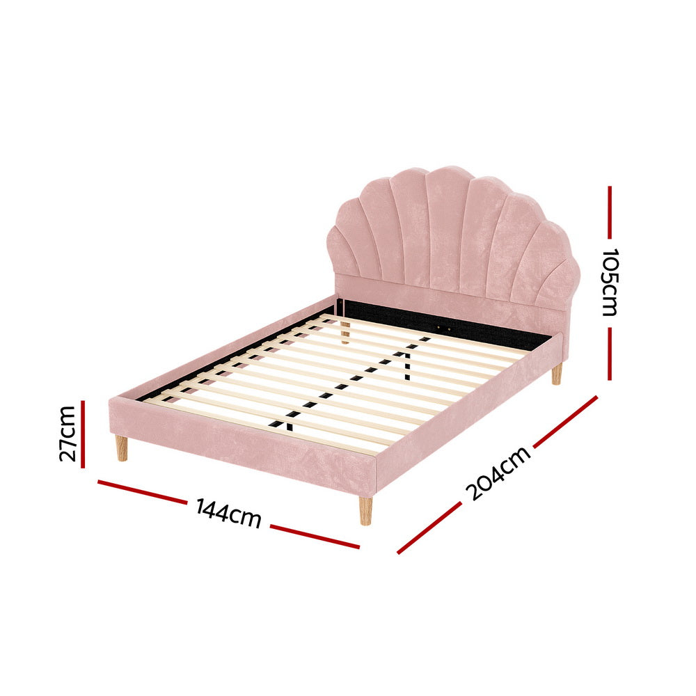 Bed Frame With Scallop-Shape Headboard Pink Velvet Fabric-Double Size
