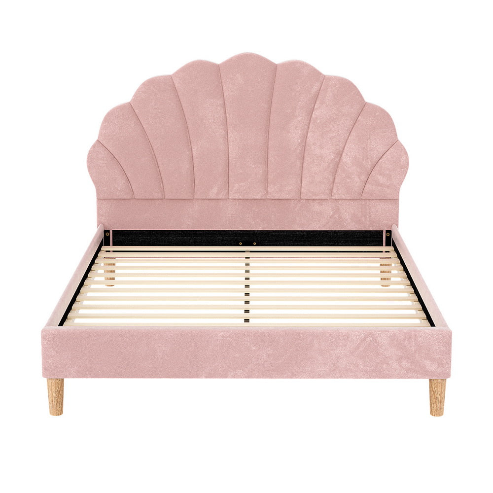 Bed Frame With Scallop-Shape Headboard Pink Velvet Fabric-Double Size