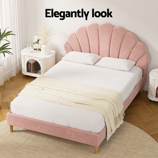 Bed Frame With Scallop-Shape Headboard Pink Velvet Fabric-Double Size