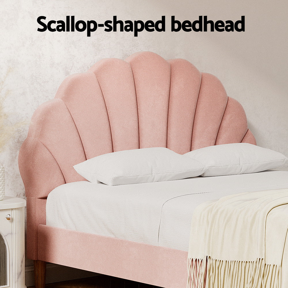 Bed Frame With Scallop-Shape Headboard Pink Velvet Fabric-Double Size