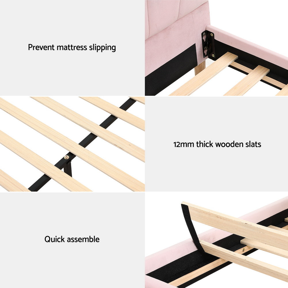 Bed Frame With Scallop-Shape Headboard Pink Velvet Fabric-Double Size