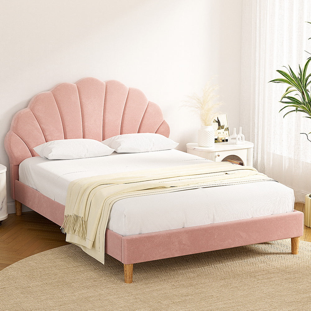 Bed Frame With Scallop-Shape Headboard Pink Velvet Fabric-Double Size