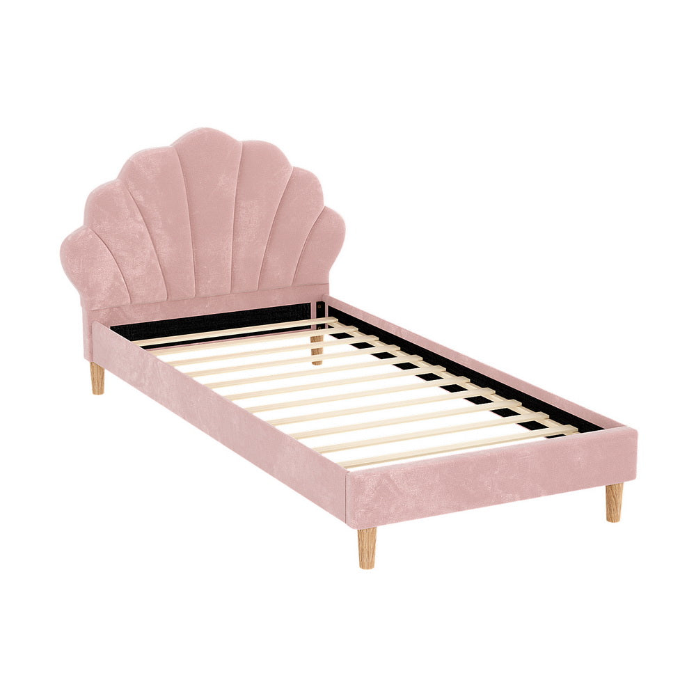 King Single Bed Frame With Scallop-Shape Headboard Pink Velvet Fabric