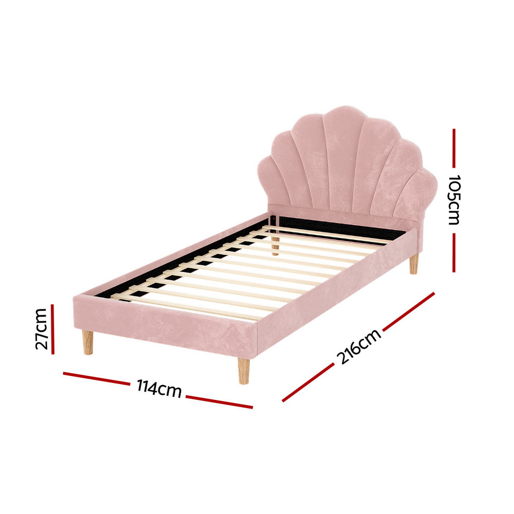 King Single Bed Frame With Scallop-Shape Headboard Pink Velvet Fabric