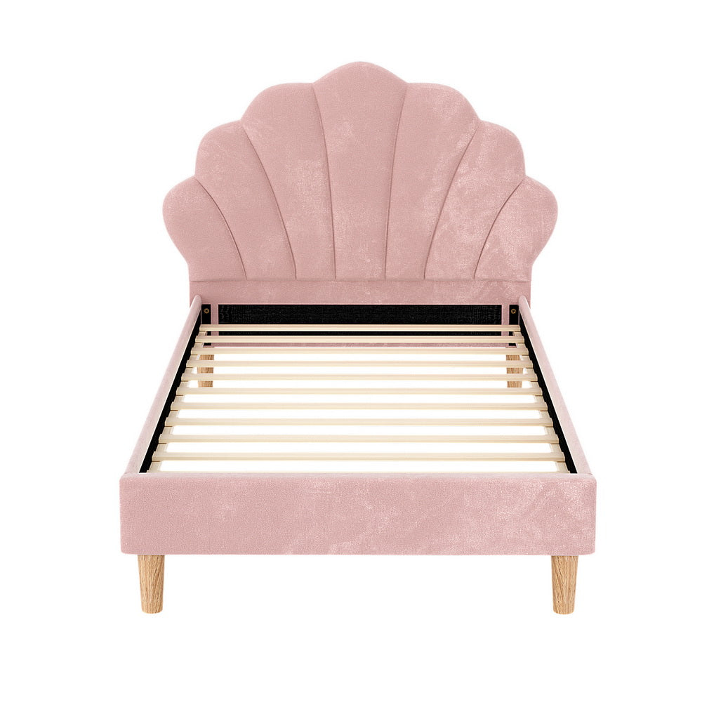King Single Bed Frame With Scallop-Shape Headboard Pink Velvet Fabric