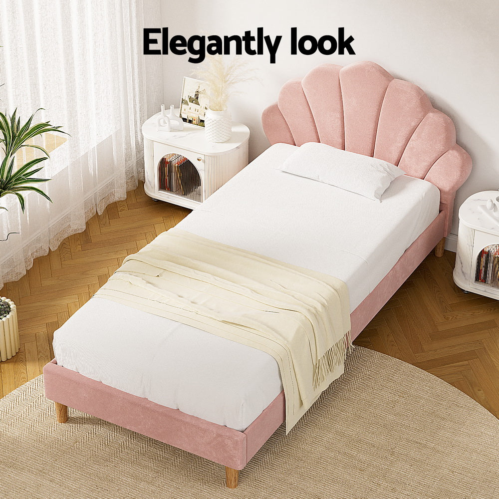 King Single Bed Frame With Scallop-Shape Headboard Pink Velvet Fabric