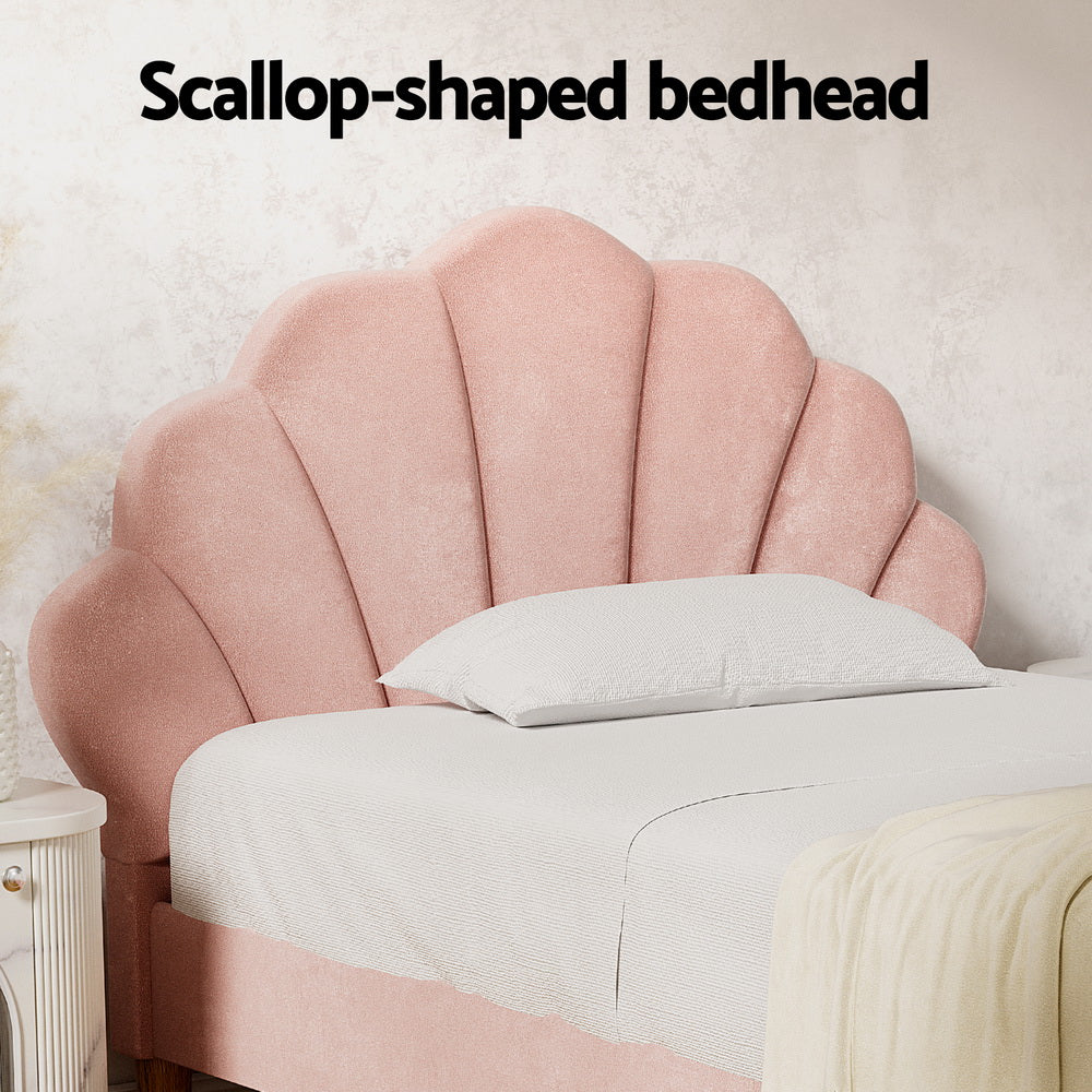 King Single Bed Frame With Scallop-Shape Headboard Pink Velvet Fabric