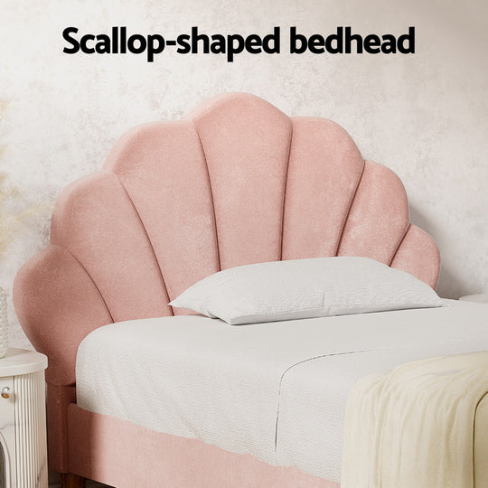 King Single Bed Frame With Scallop-Shape Headboard Pink Velvet Fabric