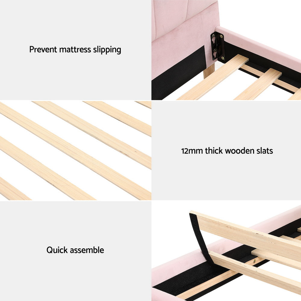 King Single Bed Frame With Scallop-Shape Headboard Pink Velvet Fabric