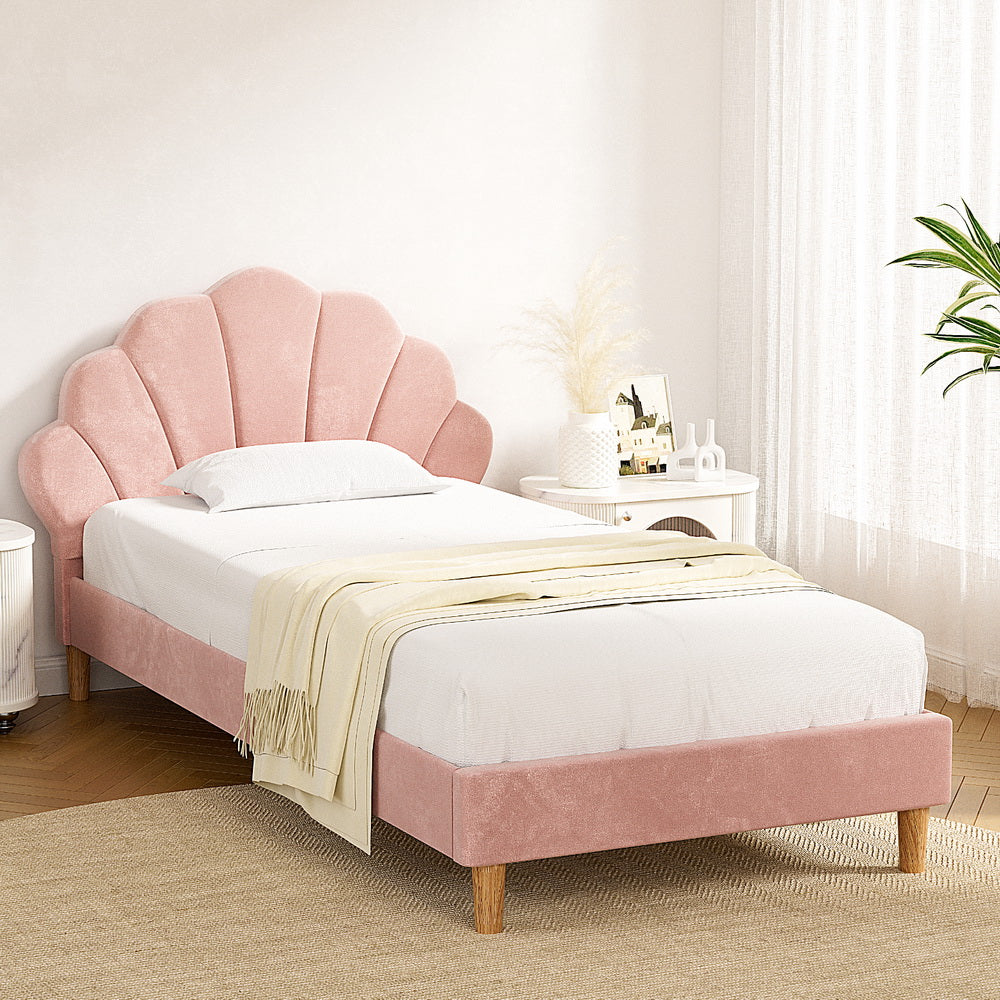 King Single Bed Frame With Scallop-Shape Headboard Pink Velvet Fabric