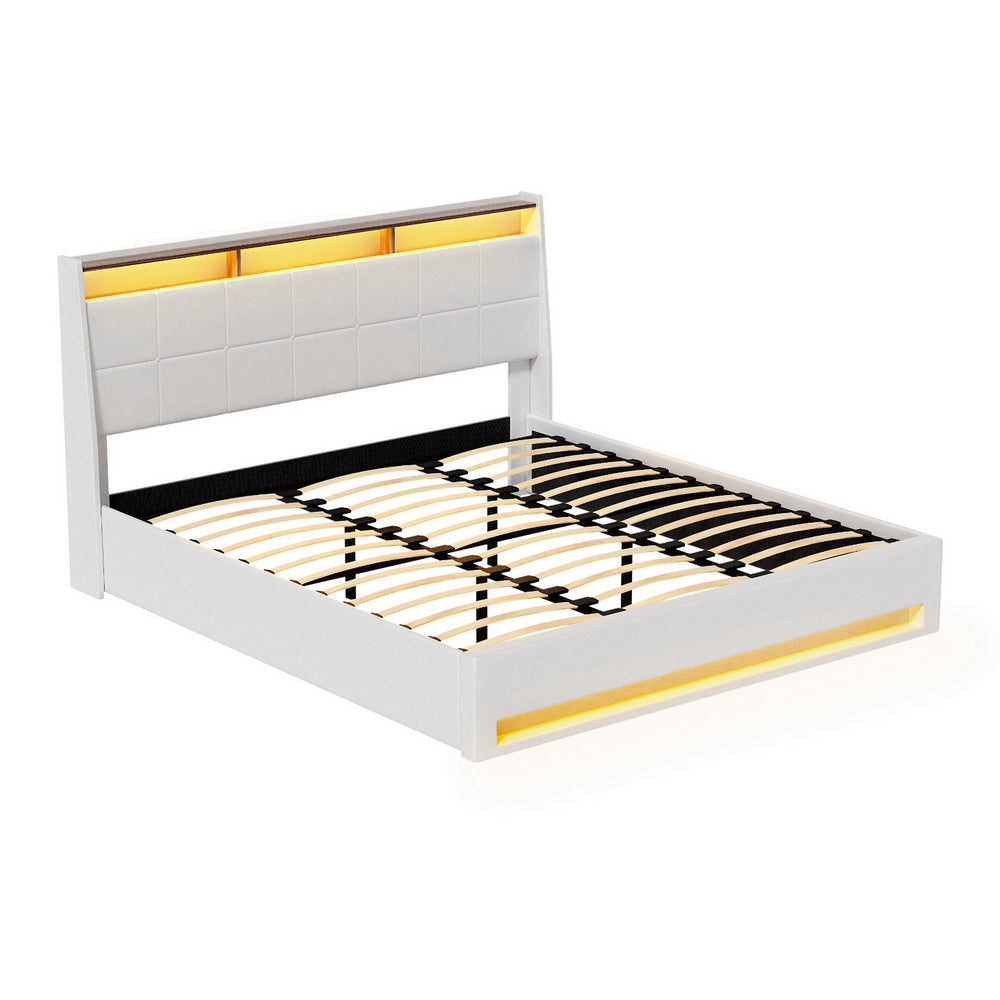King Size Gas Lift Bed Frame With LED PVC Leather Storage Headboard White | King