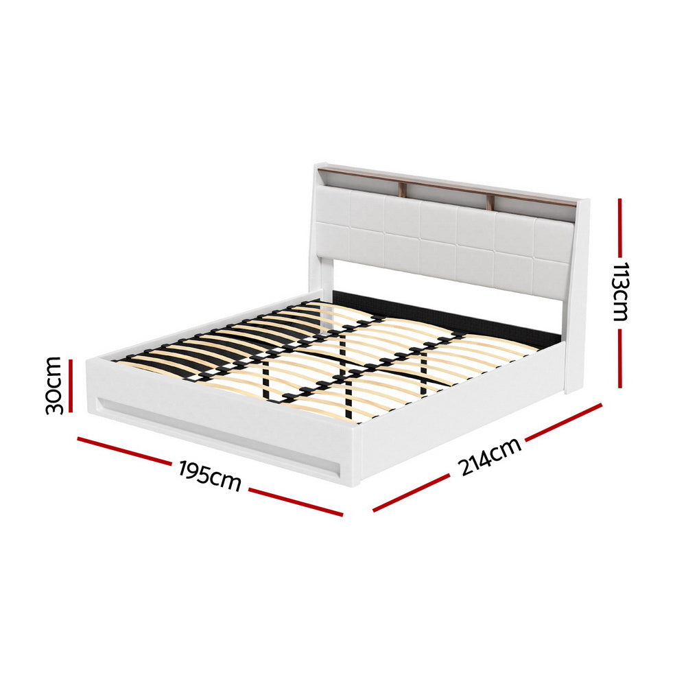 King Size Gas Lift Bed Frame With LED PVC Leather Storage Headboard White, White colour