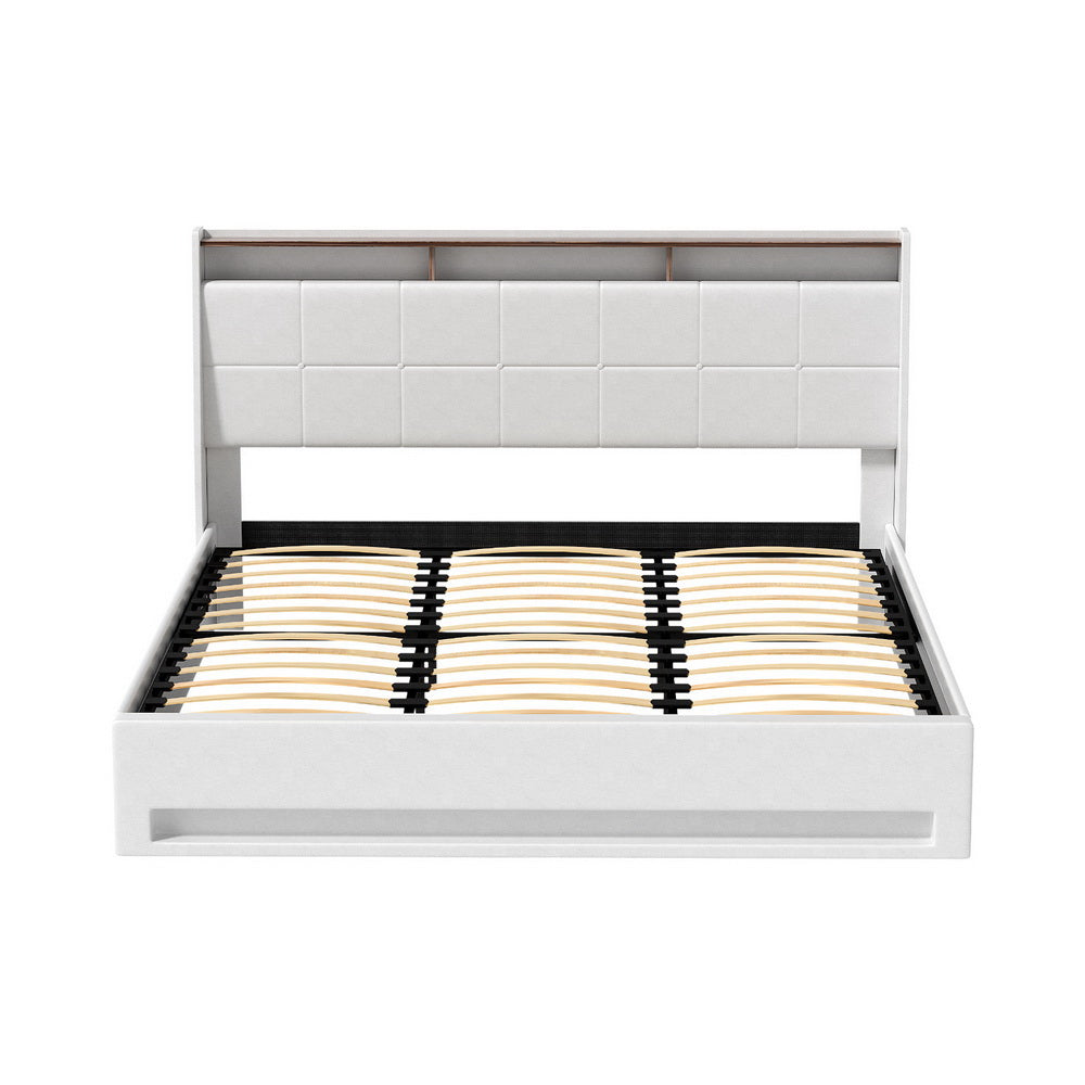 King Size Gas Lift Bed Frame With LED PVC Leather Storage Headboard White with Leather finish