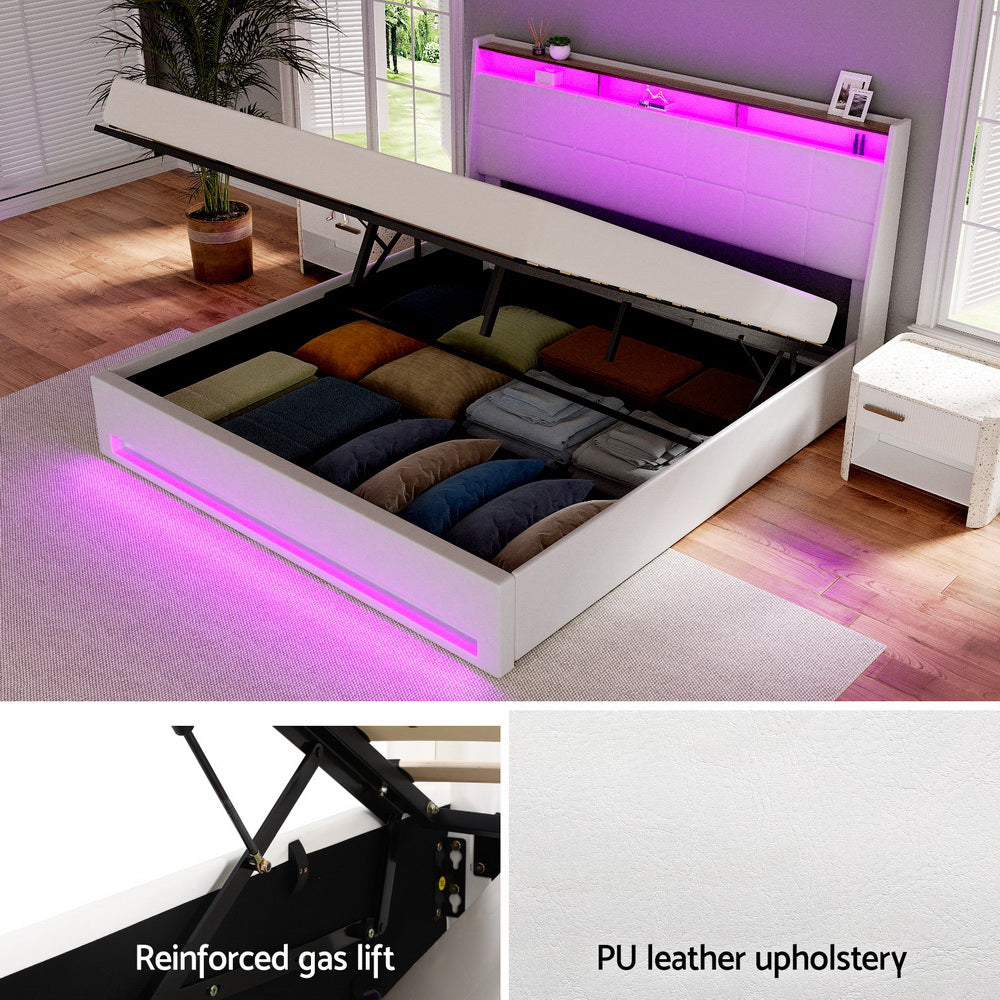 Beds Base Platform - King Size Gas Lift Bed Frame With LED PVC Leather Storage Headboard White