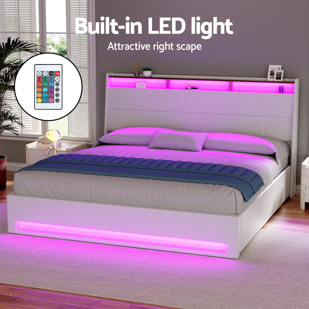 King - King Size Gas Lift Bed Frame With LED PVC Leather Storage Headboard White