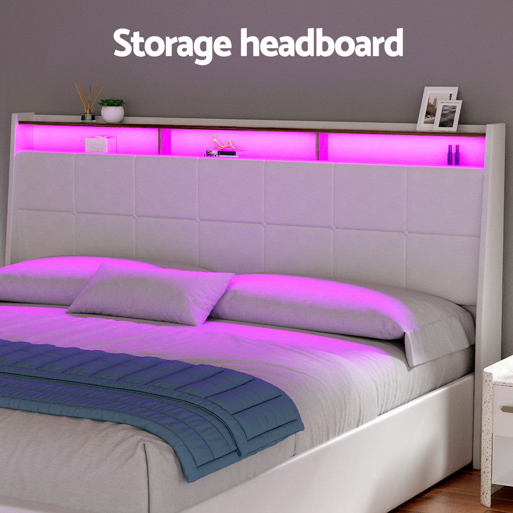 King Size Gas Lift Bed Frame With LED PVC Leather Storage Headboard White
