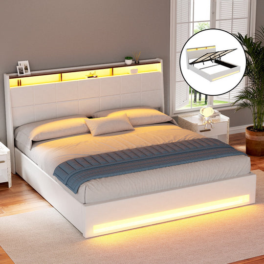 King Size Gas Lift Bed Frame With LED PVC Leather Storage Headboard White - Beds Base Platform