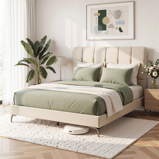 Queen Bed Frame Tufted Velvet Headboard 300kg, Velvet finish