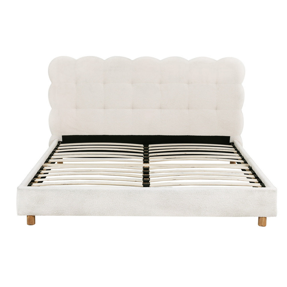 Double Size Bed Frame With Cloud Boucle Headboard White Platform Base, White colour