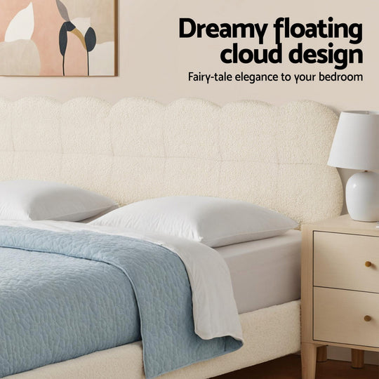 Double Size Bed Frame With Cloud Boucle Headboard White Platform Base