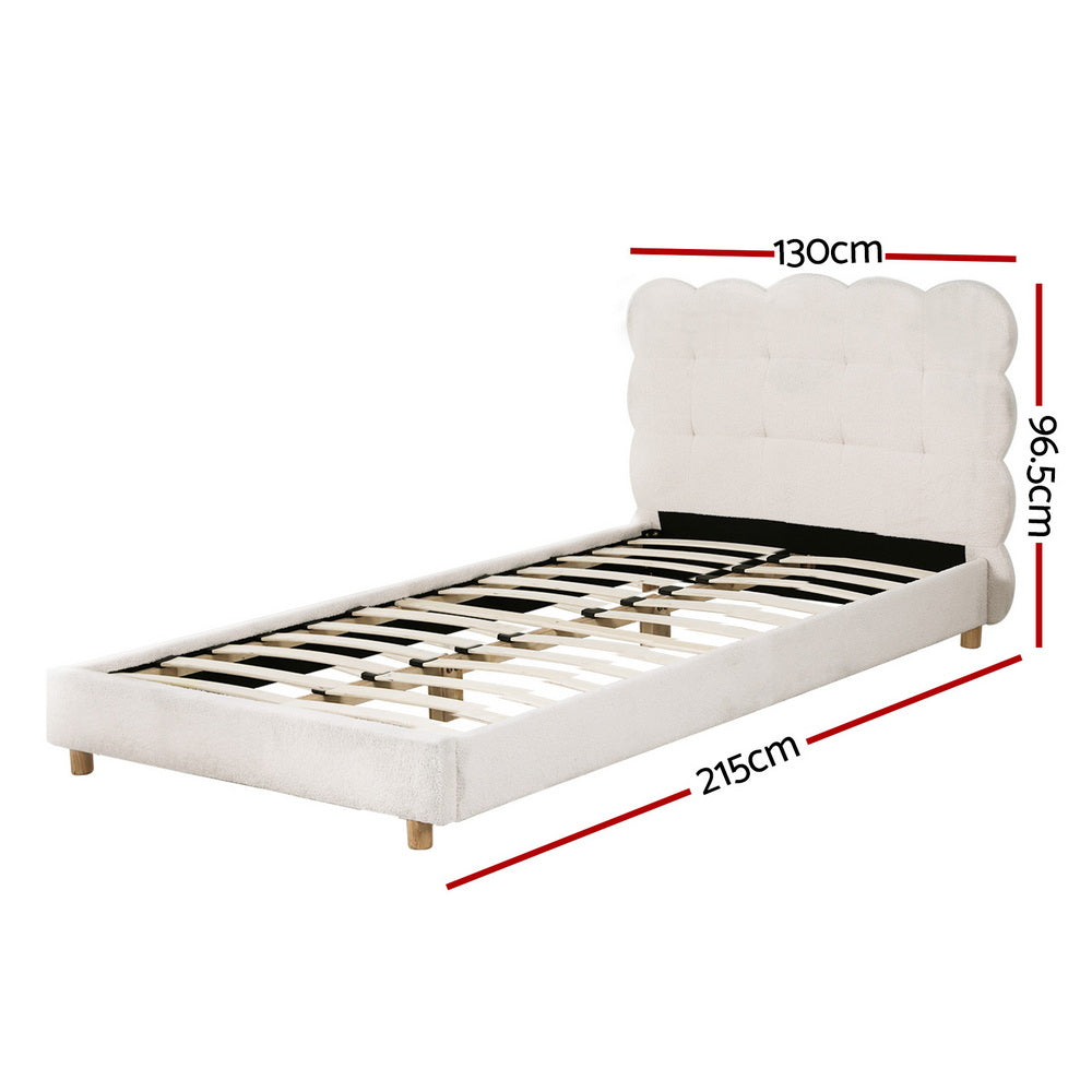 King Single Bed Frame With Cloud Boucle Headboard White Platform Base | King Single