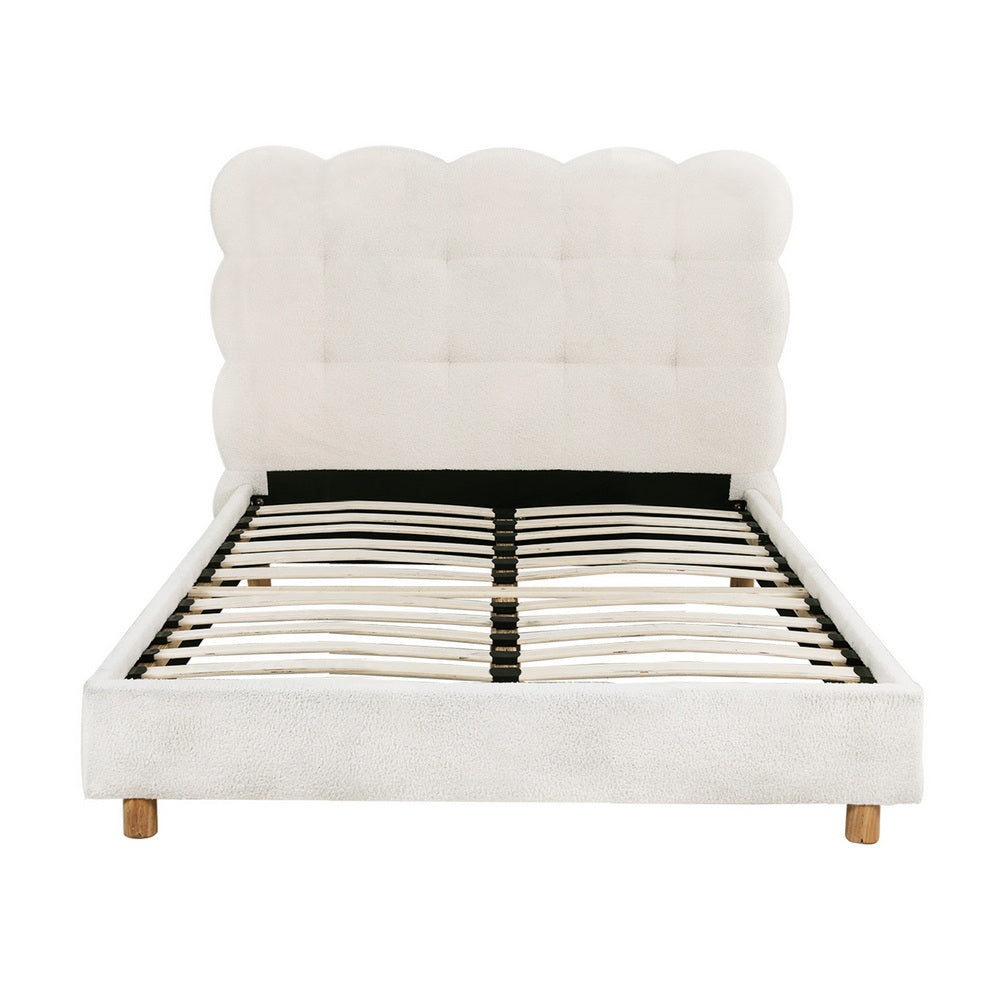 King Single Bed Frame With Cloud Boucle Headboard White Platform Base, White colour