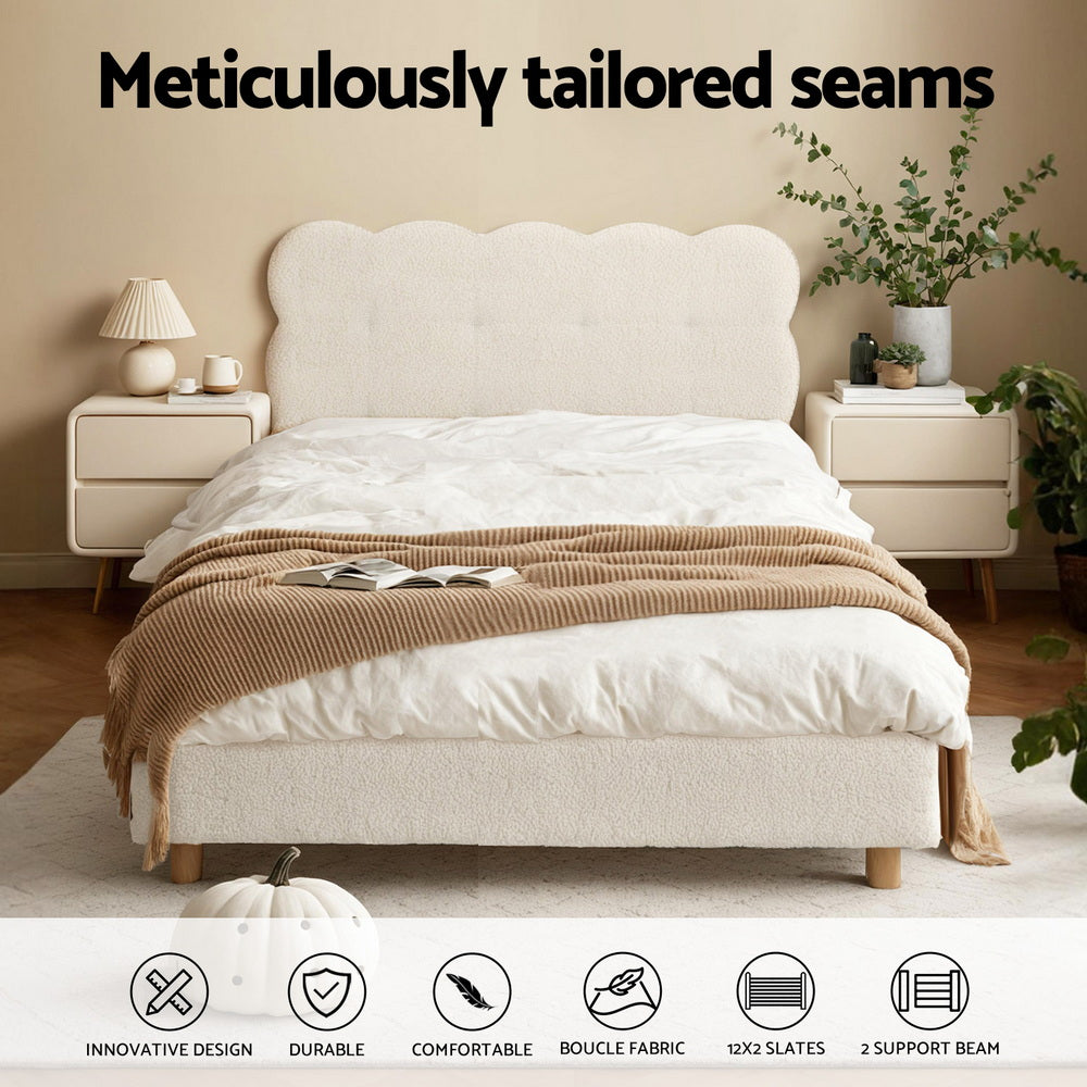 Fabric Mattress - King Single Bed Frame With Cloud Boucle Headboard White Platform Base