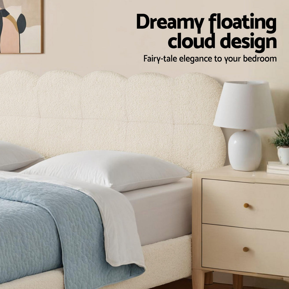 King Single Bed Frame With Cloud Boucle Headboard White Platform Base