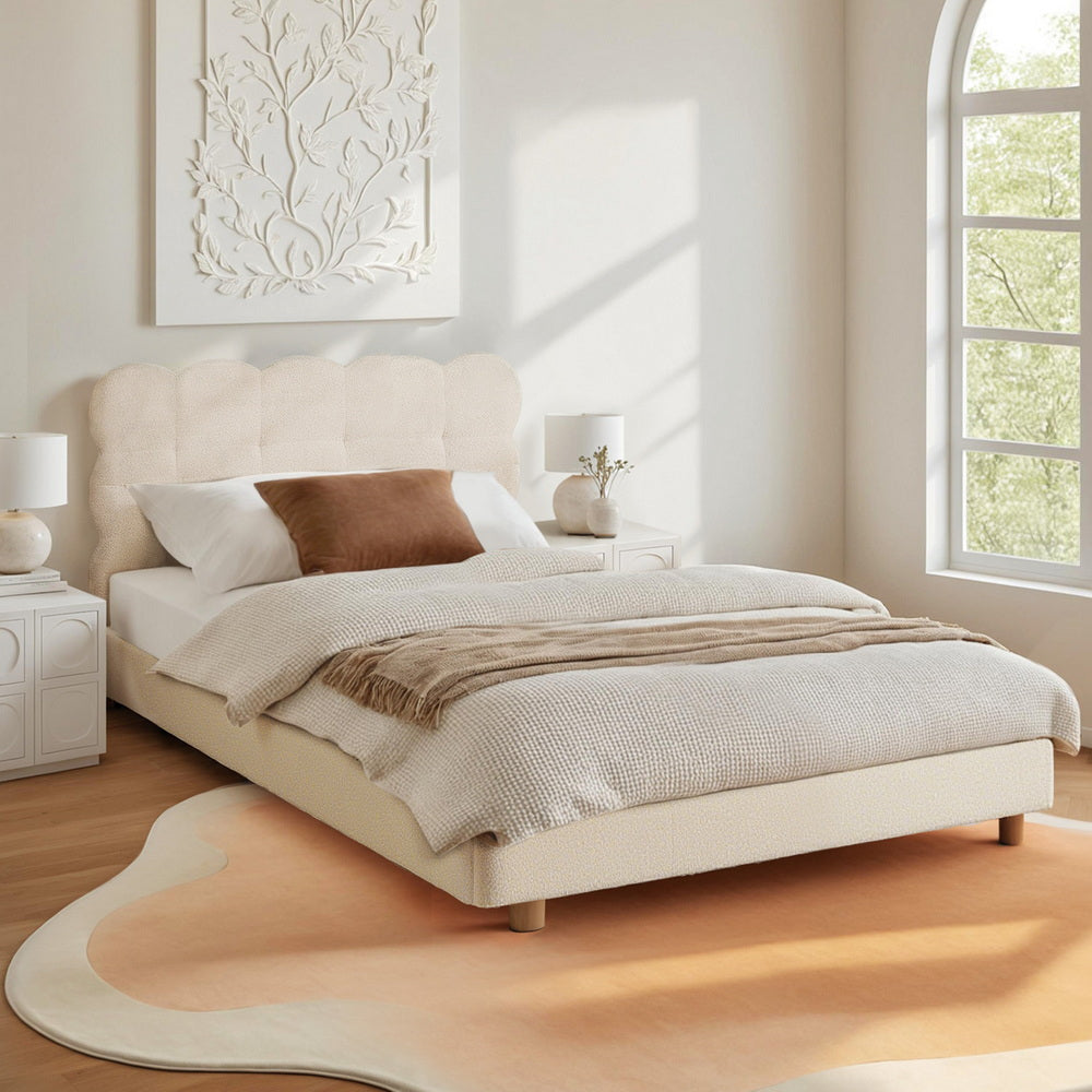 White colour - King Single Bed Frame With Cloud Boucle Headboard White Platform Base