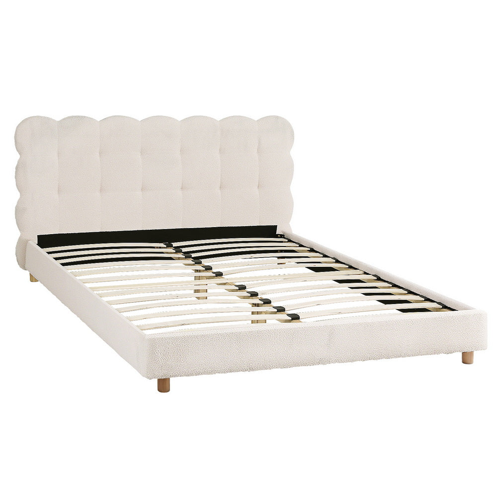 Beds & Bed Frames - Queen Size Bed Frame With Cloud Boucle Headboard White Platform Base